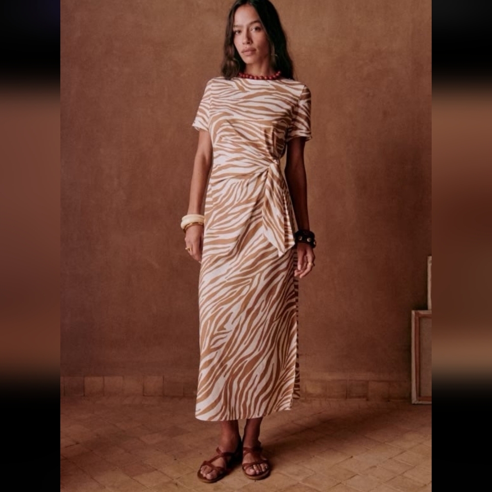 Elegant Tan Zebra Print Sezane Dress